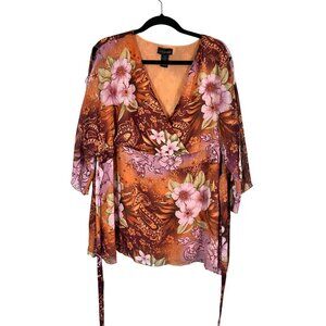 Lane Bryant Retro Colorful Floral Top 18 Brown Tropical Belted Classic Chic 80s